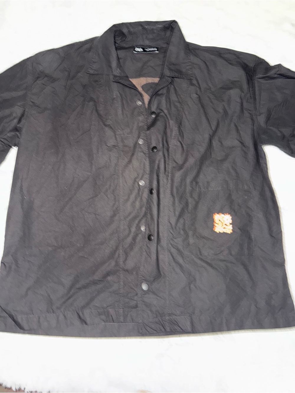 Zara Black Button-Front Lightweight Shirt Jacket with Orange Crest